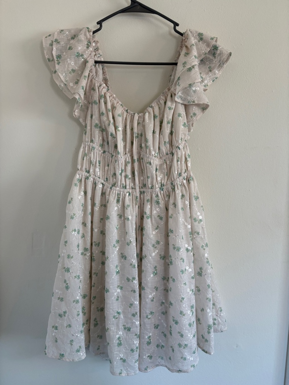Cotton Candy Cream Dress with Green Floral Print